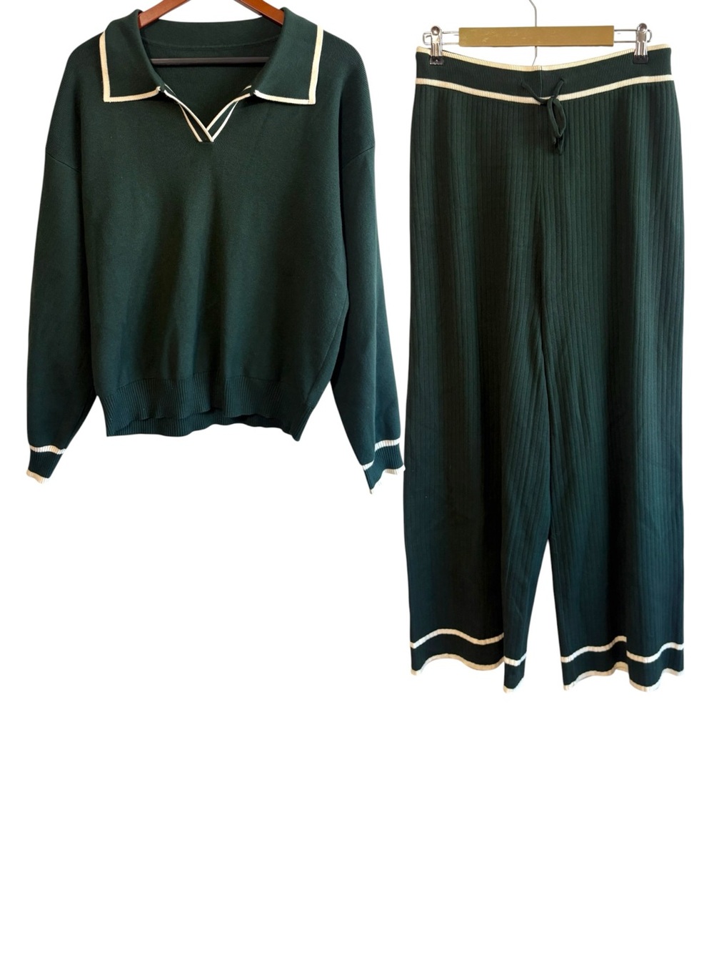 Commense Size XL Green Color Ribbed Knit Sweater Wide Leg Pants Set Loungewear